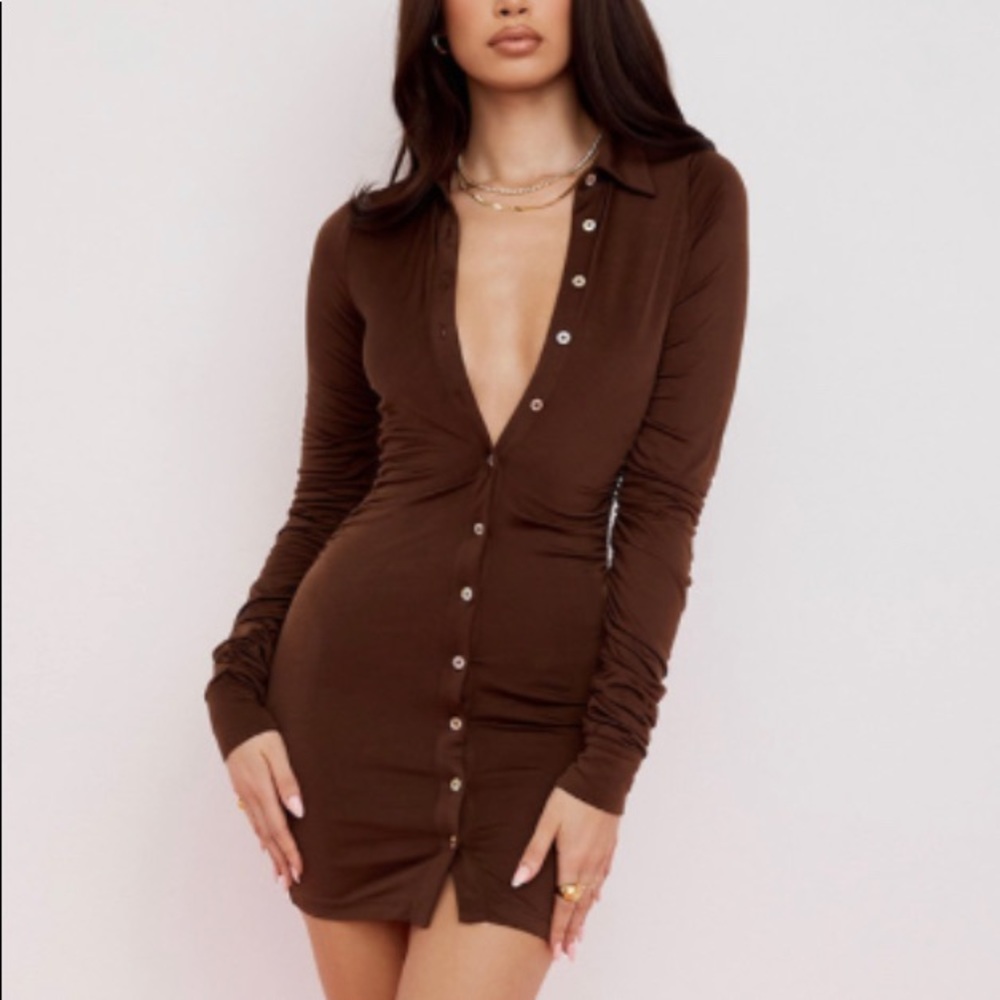 House of CB - MARTINIQUE 
CHOCOLATE JERSEY MINI SHIRT DRESS